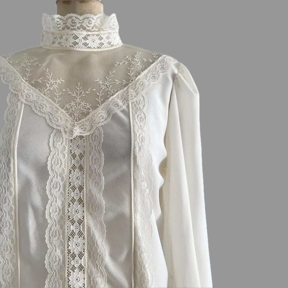 Vintage 1970s Ivory Lace High Neck Victorian Blouse, Womens Size S
